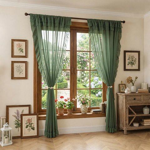 Solid Color Ruffle Sheer Curtains For Living Room Bedroom Polyester Translucent Voile Window Treatment Panels Elegant Home Decor