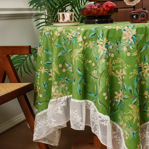 Nappe Vintage Française en Chenille Vert Orange Motif Floral Botanique Bordure en Dentelle Couverture de Table Carrée Ronde