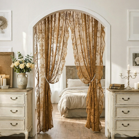 Tenda per Porta Francese Vintage in Pizzo con Volant Motivo Damascato Floreale Semi Oscurante Ricamata in Poliestere per Soggiorno Casa