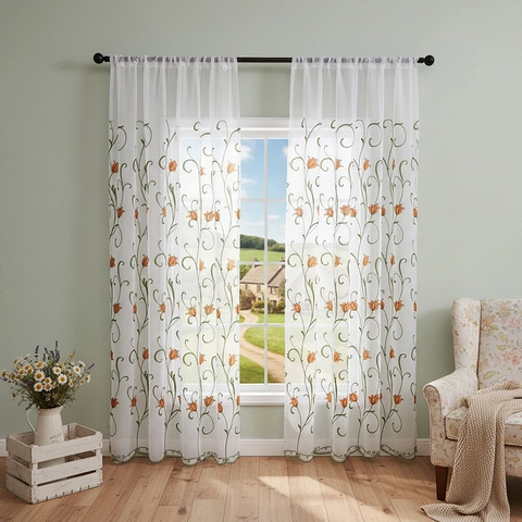 Pastoral Style Tulip Embroidered Sheer Curtain Rod Pocket Polyester Voile Window Treatment For Bedroom Living Room White