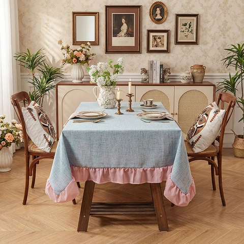 Mantel Rectangular Con Borde de Volantes Textura de Lino Poliéster Antipolvo Cubierta de Mesa Decorativa Para Cocina Comedor Decoración del Hogar