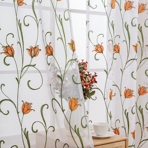 Pastoral Style Tulip Embroidered Sheer Curtain Rod Pocket Polyester Voile Window Treatment For Bedroom Living Room White