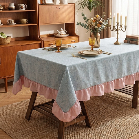 Mantel Rectangular Con Borde de Volantes Textura de Lino Poliéster Antipolvo Cubierta de Mesa Decorativa Para Cocina Comedor Decoración del Hogar