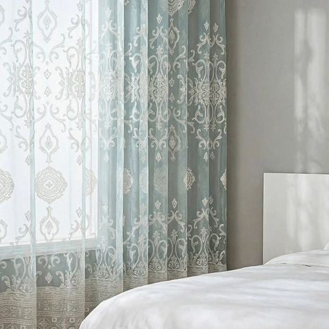 Nordic Modern Damask Lace Sheer Curtains Grommet Top Semi Transparent Voile Window Drapes For Bedroom Living Room Decor