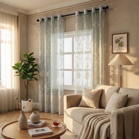 Nordic Modern Damask Lace Sheer Curtains Grommet Top Semi Transparent Voile Window Drapes For Bedroom Living Room Decor