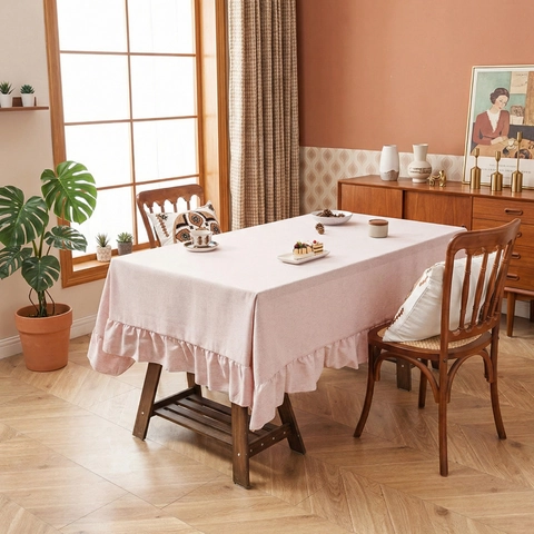 Rectangular Linen Blend Tablecloth With Ruffle Edge Solid Color Decorative Dining Table Cover For Home Kitchen Coffee Table