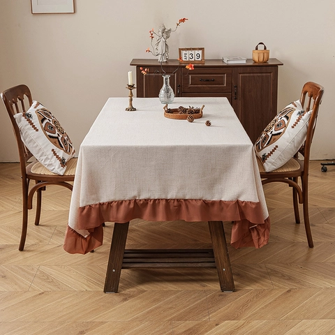 Mantel Rectangular de Poliéster con Aspecto de Lino y Volantes para Cocina Comedor Decoración del Hogar Estilo Rústico Vintage