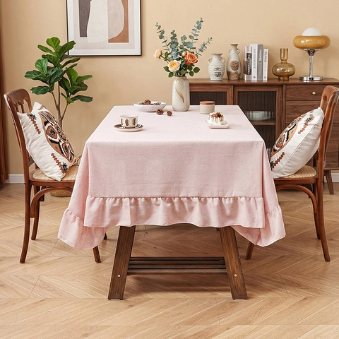 Rectangular Linen Blend Tablecloth With Ruffle Edge Solid Color Decorative Dining Table Cover For Home Kitchen Coffee Table