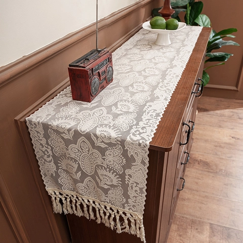 Camino de Mesa de Encaje Vintage Poliéster de Punto Diseño Floral Calado Con Borlas para Decoración de Mesa de Comedor