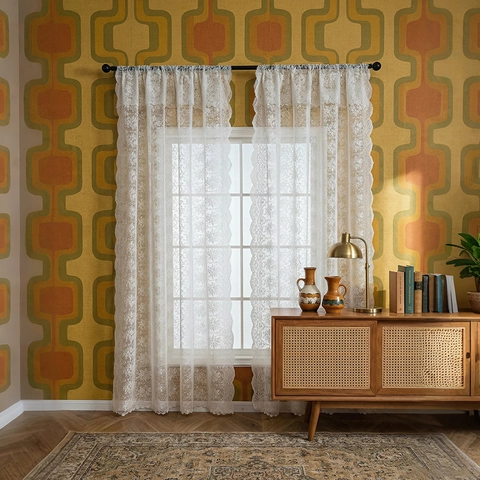 French Vintage White Floral Lace Curtains Semi Sheer Scrim For Bedroom Living Room Hollow Out Scalloped Edge Voile Drape