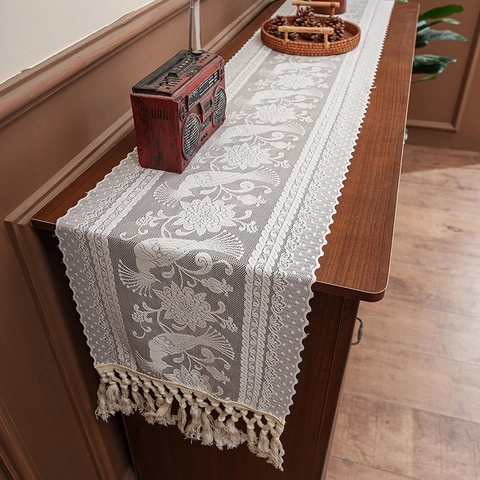 Runner da Tavola in Pizzo Pastorale Jacquard Traforato Motivo Floreale Pavone Con Nappine Poliestere Decorazione da Tavola Vintage per Sala da Pranzo Matrimonio
