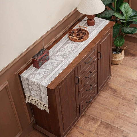 Runner da Tavola in Pizzo Pastorale Jacquard Traforato Motivo Floreale Pavone Con Nappine Poliestere Decorazione da Tavola Vintage per Sala da Pranzo Matrimonio