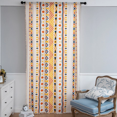Bohemian Polyester Geometric Print Door Curtain With Tassels Modern Rod Pocket Window Curtain For Bedroom Living Room
