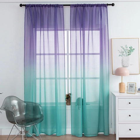 Purple Green Ombre Sheer Curtains Rod Pocket Gradient Voile Window Drapes For Living Room Bedroom Elegant Light Filtering Home Decor