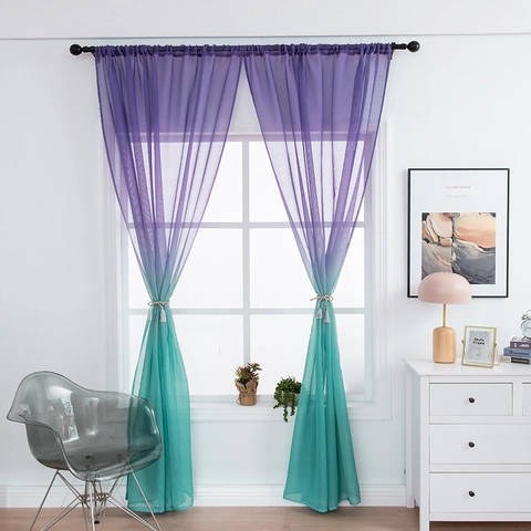 Purple Green Ombre Sheer Curtains Rod Pocket Gradient Voile Window Drapes For Living Room Bedroom Elegant Light Filtering Home Decor