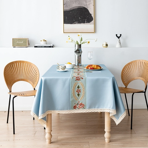 European Vintage Floral Embroidery Tablecloth With Lace Trim Polyester Rectangular Dustproof Table Cover For Home Dining