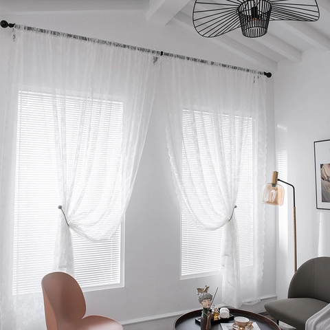 Elegant French Pastoral White Lace Floral Sheer Window Curtain Warp Knitted Scalloped Edge Voile Sheer Drapery For Bedroom Living Room