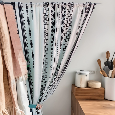 Cortina de Lino Estampada Geométrica Bohemia con Borlas Bolsillo para Varilla Negro Blanco Patrón Étnico Tribal Cortinas Ventana Puerta