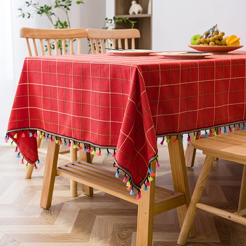Modern Minimalist Plaid Tablecloth With Tassels Rectangular Synthetic Fiber Checkered Table Cover For Dining Room Kitchen Decor