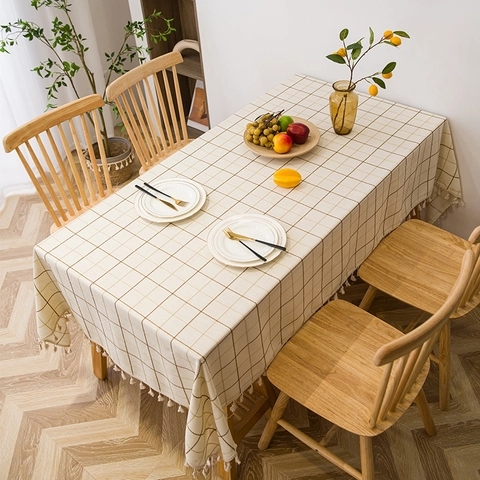 Modern Minimalist Plaid Tablecloth With Tassels Rectangular Synthetic Fiber Checkered Table Cover For Dining Room Kitchen Decor