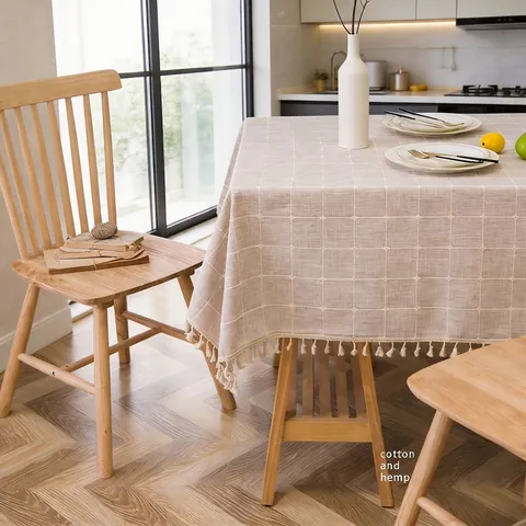 Waterdicht Geruit Tafelkleed Met Kwastjes Noords Minimalistisch Chemische Vezel Linnen Textuur Raster Tafelkleed Voor Huis Keuken Diner