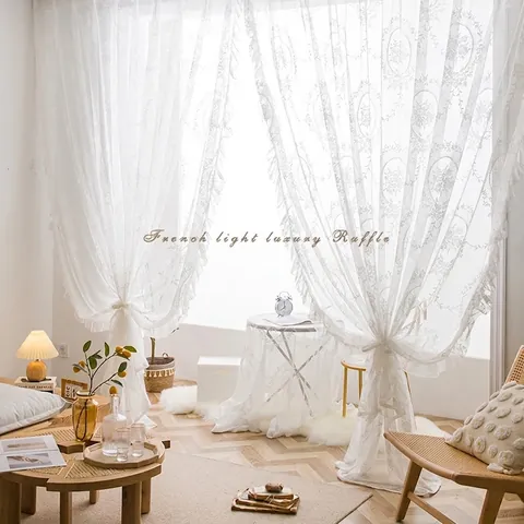 Rideau Voilage en Dentelle Blanche Française Broderie Florale Volant Rideau Romantique pour Salon Chambre à Coucher Décor