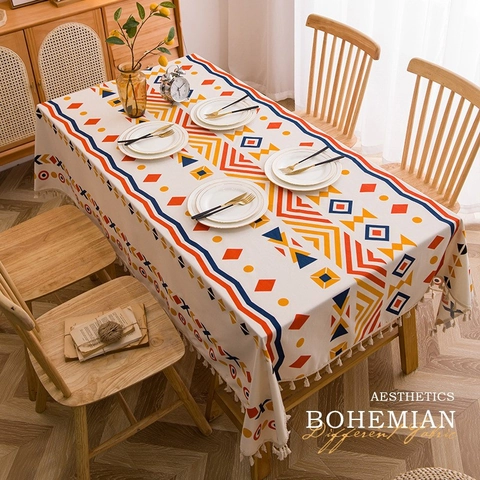Bohemian Geometric Printed Tablecloth With Tassels Nordic Rectangle Synthetic Fiber Waterproof Table Cloth For Dining Room Home Decor