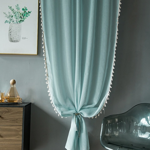 Modern Minimalist Rod Pocket Sheer Curtains With Tassel Pom-pom Trim Polyester Linen Look Window Treatment For Living Room Bedroom