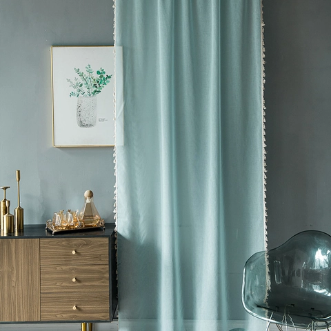 Modern Minimalist Rod Pocket Sheer Curtains With Tassel Pom-pom Trim Polyester Linen Look Window Treatment For Living Room Bedroom