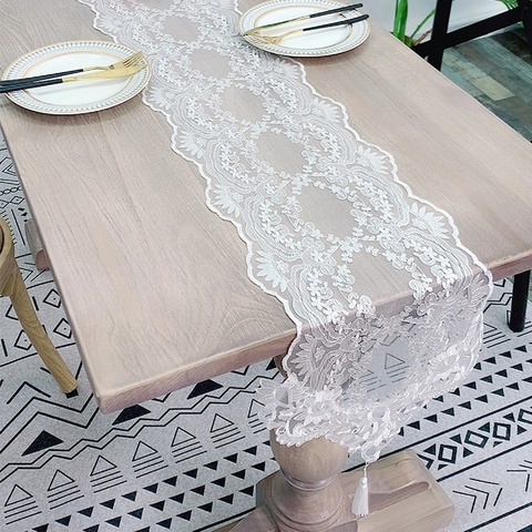 Elegant White Lace Table Runner With Floral Embroidery Hollow Out Design Tassel Vintage For Dining Table Home Wedding Decor