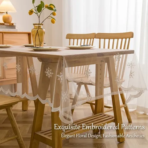White Lace Rectangle Tablecloth Snowflake Embroidery French Country Scalloped Edge Table Cloth For Kitchen Home Party Decor
