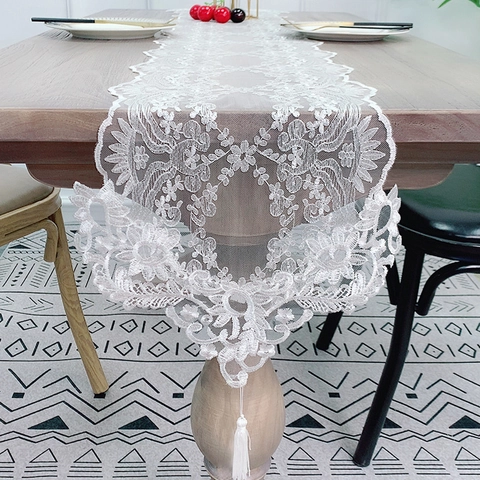 Elegant White Lace Table Runner With Floral Embroidery Hollow Out Design Tassel Vintage For Dining Table Home Wedding Decor