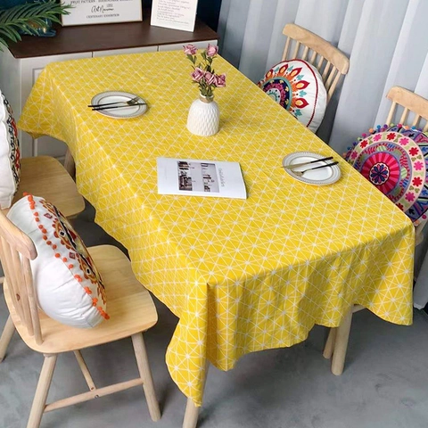 Nordic Style Yellow Geometric Grid Rectangular Tablecloth Heat Resistant Decorative Synthetic Fiber Desk Cover For Home Dining Kitchen