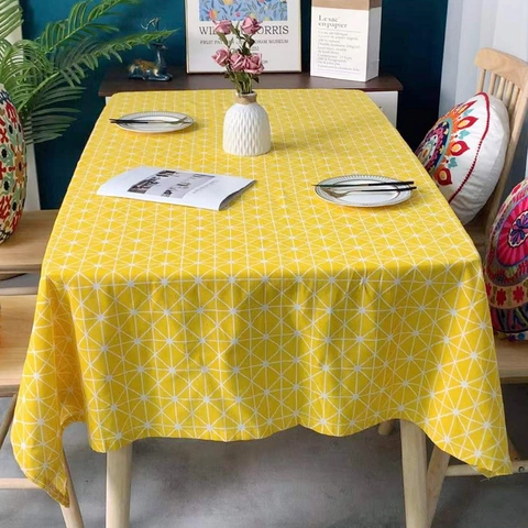 Nordic Style Yellow Geometric Grid Rectangular Tablecloth Heat Resistant Decorative Synthetic Fiber Desk Cover For Home Dining Kitchen