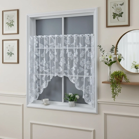 Rideaux de Café en Dentelle Blanche Nordique Papillon Floral Brodés Passe-Tringle Courts Cloison de Porte Cuisine Armoire Demi-Rideaux