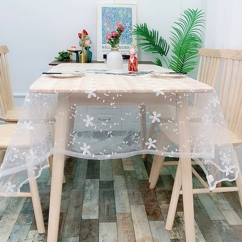 Nordic White Floral Lace Mesh Tablecloth Pastoral Embroidered Rectangular Table Cover For Kitchen Dining Room Home Decor