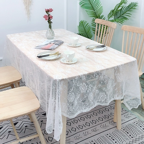 Elegant White Lace Tablecloth Rectangular Rose Floral Hollow Mesh Gauze Fabric Cover For Dining Table Coffee Table Decor