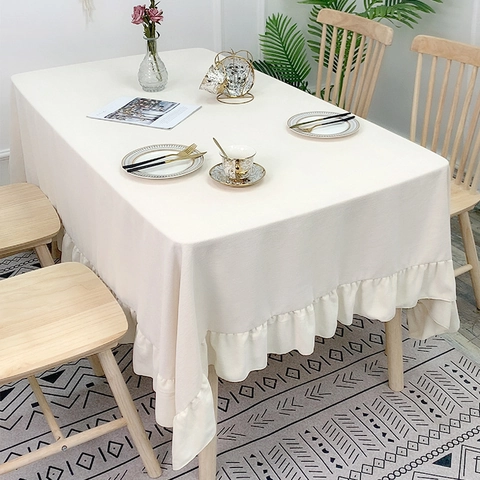 Mantel de Chenilla Minimalista Blanco Sólido Rectangular Borde Con Volantes Plisado Cubierta de Mesa de Comedor Elegante Poliéster Decoración