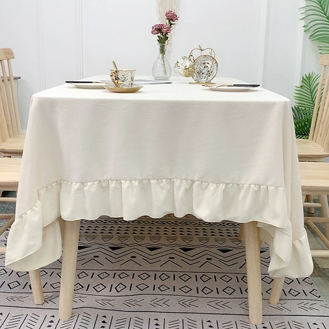 Mantel de Chenilla Minimalista Blanco Sólido Rectangular Borde Con Volantes Plisado Cubierta de Mesa de Comedor Elegante Poliéster Decoración