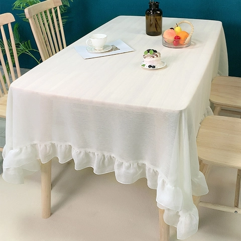 Nordic Minimalist Polyester Tablecloth With Ruffle Edge Rectangular Solid Color Creamy White Kitchen Dining Room Table Cloth