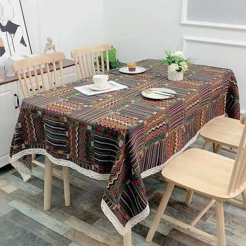 Böhmische Ethno-Tischdecke Mit Geometrischem Muster Und Weißem Spitzenbesatz Rechteckiges Buntgewebe Für Esszimmer
