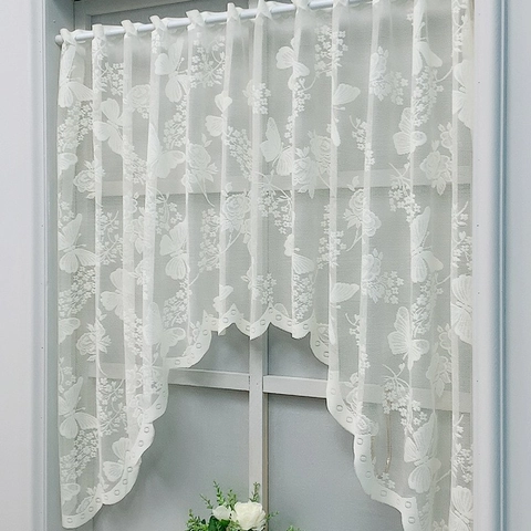 White Lace Door Curtain Butterfly Floral Embroidery Semi Transparent Kitchen Partition Cafe Half Curtain Rod Pocket