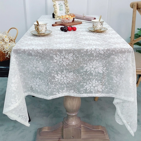 Tovaglia in Pizzo Francese Vintage Rettangolare Traforata Floreale Copritavolo per Tavolo da Pranzo Tè Casa Bianco Beige