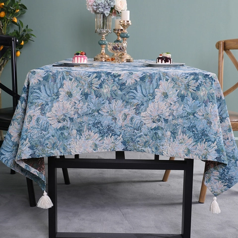 Mantel Jacquard Floral Azul Estilo Nórdico Con Borlas Blancas Estilo Americano Pintura al Óleo Grueso Rectangular Redondo para Decoración de Comedor