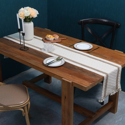 Chemin de Table Tissé Bohème Avec Glands Décoration de Table en Polyester Rayé Pour Salle à Manger Cuisine Salon