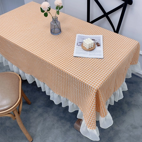 Tovaglia Pastorale a Quadri Gingham Con Bordo in Pizzo a Volant Rettangolare in Fibra Sintetica Copritavolo per Decorazione Casa Festa