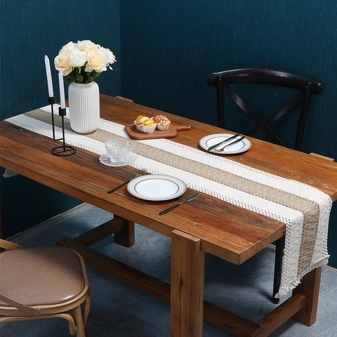 Camino de Mesa Bohemio Tejido Con Borlas Rayado Poliéster Decoración De Mesa Rural Para Boda Fiesta Mesa de Comedor