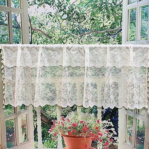American Nordic White Lace Cafe Curtain Floral Embroidery Scalloped Edge Short Curtain For Kitchen Cabinet Bay Window Decor