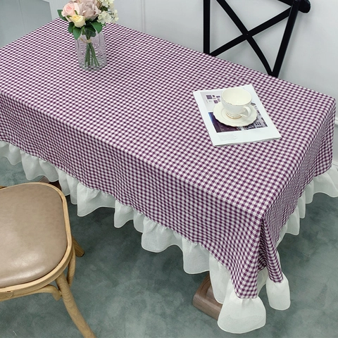 Nappe à Carreaux Style Ins Résistant à la Chaleur Tissu en Fibre Chimique Avec Bordure en Dentelle à Volants pour Décor