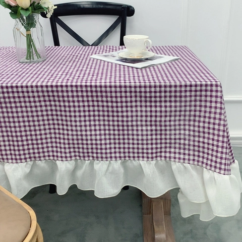 Nappe à Carreaux Style Ins Résistant à la Chaleur Tissu en Fibre Chimique Avec Bordure en Dentelle à Volants pour Décor